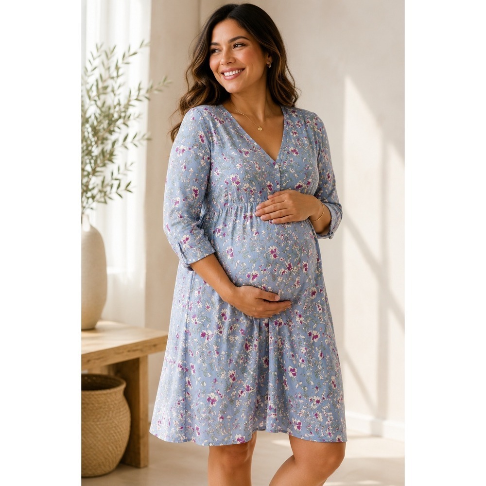 Seraphine Blue Floral Maternity Nursing Dress 8 Empire Waist Pregnancy Viscose